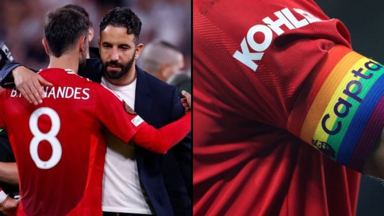 Bruno Fernandes and Ruben Amorim during the 2025 Europa League final, inset a photo of the Manchester United captain’s armband.