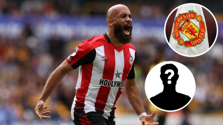 Bryan Mbeumo split image with Manchester United flag