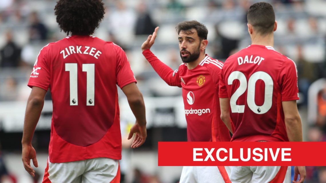 Bruno Fernandes gives instructions to Joshua Zirkzee and Diogo Dalot for Manchester United. Overlaid, UIF logo and exclusive banner.