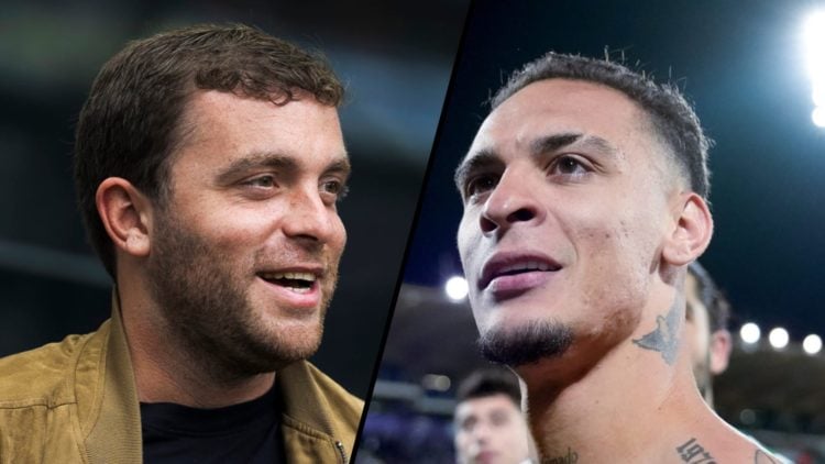 Split image, Fabrizio Romano smiling into the distance with Antony staring into Real Betis crowd with awestruck look in his eye.