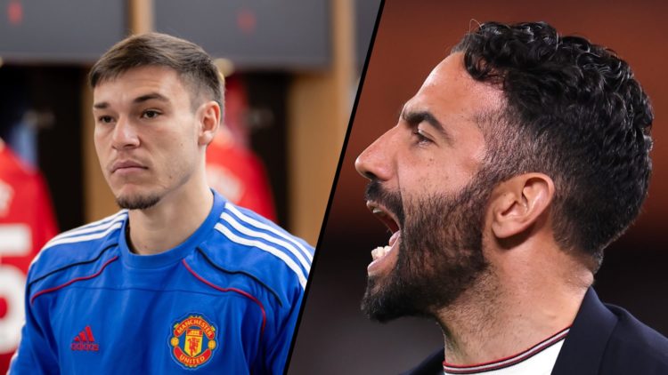 Split image of Manuel Ugarte looking saddened in blue Manchester United training top and Ruben Amorim turned to the side shouting.