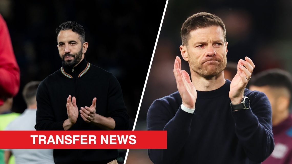 A split image of Manchester United manager Ruben Amorim (L) and Bayer Leverkusen manager Xabi Alonso (R), with 'transfer news' banner.