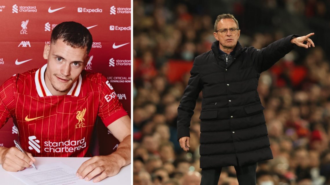 Liverpool signing Florian Wirtz, split image with former Manchester United manager Ralf Rangnick.
