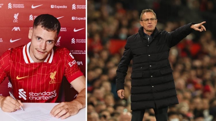 Liverpool signing Florian Wirtz, split image with former Manchester United manager Ralf Rangnick.