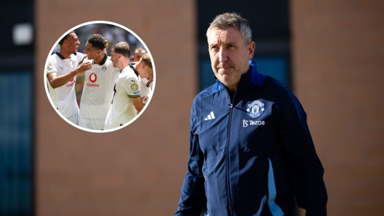 Manchester United sporting director Jason Wilcox, inset of Jobe Bellingham scoring on his Borussia Dortmund debut.