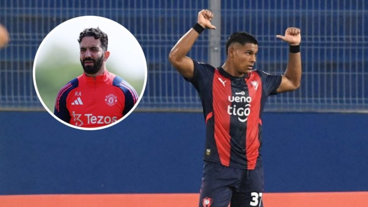 Manchester United signing Diego Leon in action, inset of head coach Ruben Amorim in training.