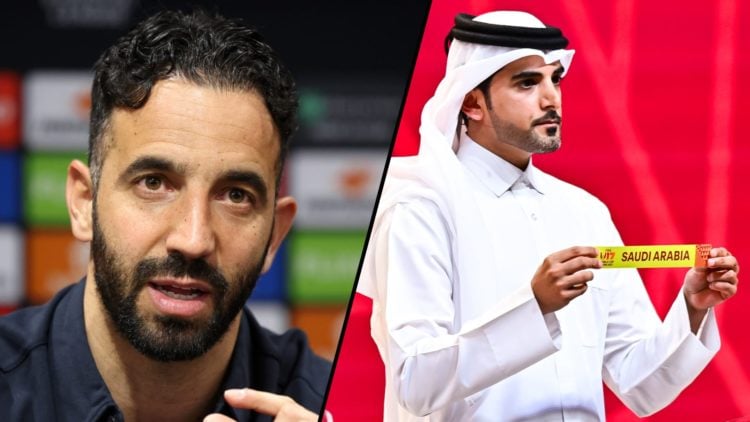 Manchester United manager Ruben Amorim, inset a photo of Saudi Arabia during the FIFA Under-17s World Cup and FIFA Arab Cup Qatar 2025 draw in Doha