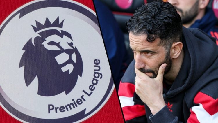 Manchester United manager Ruben Amorim during the Premier League match against Bournemouth, inset a photo of the Premier League logo.