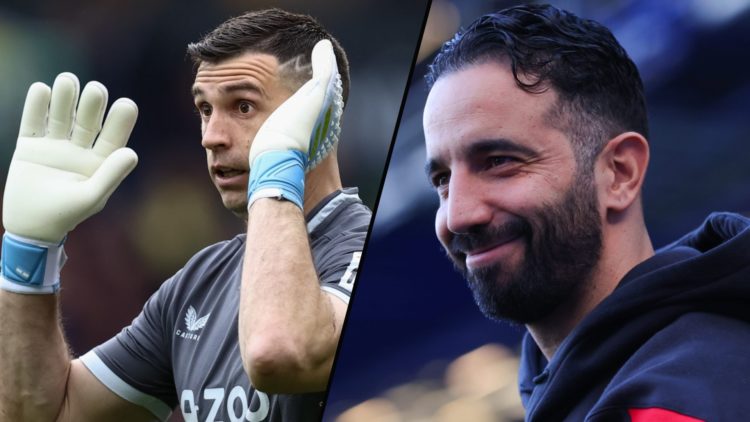 Aston Villa star Emiliano Martinez amid transfer links to Old Trafford, inset a photo of Manchester United manager Ruben Amorim.