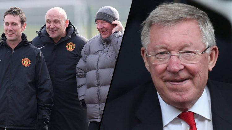 Sir Alex Ferguson during the Premier League match between Stoke City and Manchester United in 2017, inset a photo of the Aberdeen legend.