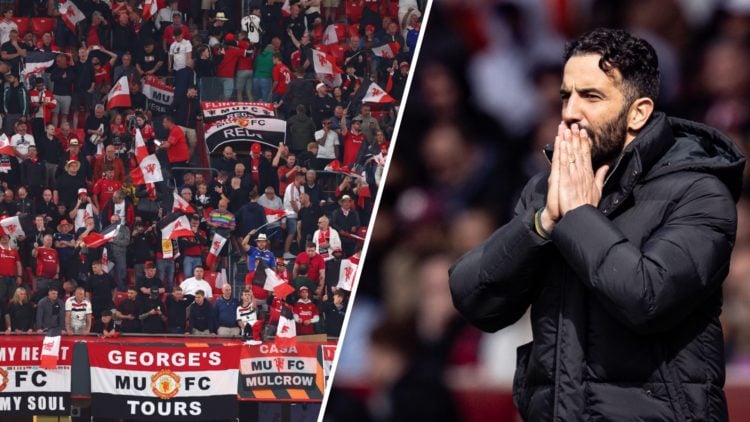 Split image of Manchester United fans at the Europa League final and head coach Ruben Amorim.
