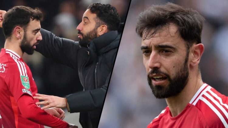Manchester United manager Ruben Amorim with Bruno Fernandes, insert a photo of Manchester United captain Bruno Fernandes.