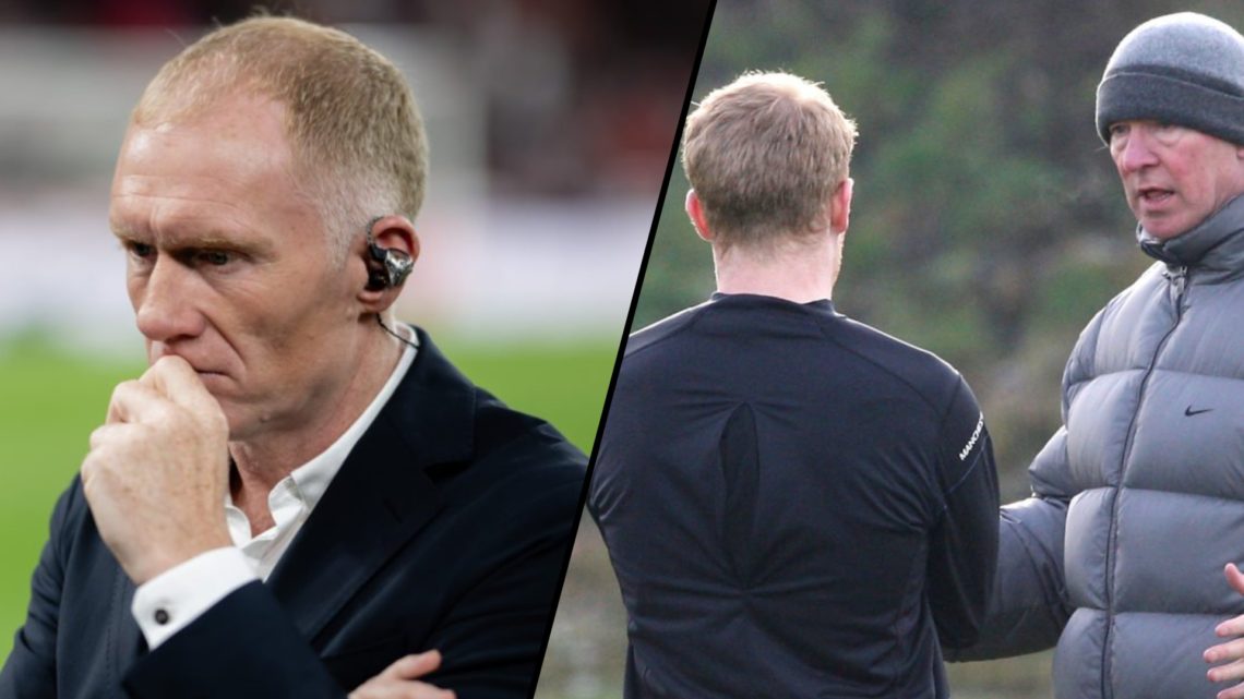 TNT Sports pundit Paul Scholes at the 2025 UEFA Europa League final, inset a photo of the Manchester United legend.