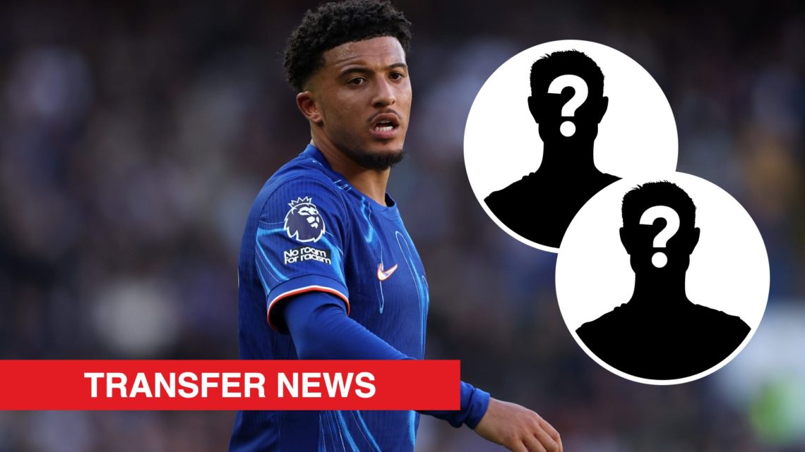 Chelsea winger Jadon Sancho in action against Brighton and Hove Albion. Inset, two mystery player icons and a transfer news banner.