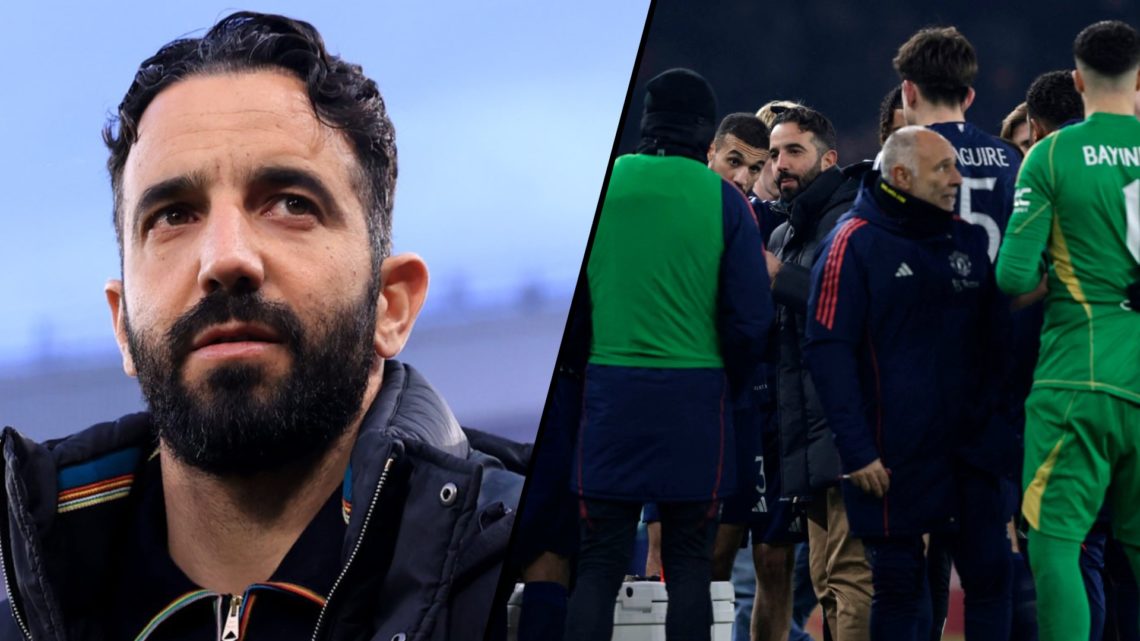 Ruben Amorim during the Europa match against Lyon at Old Trafford, inset a photo of the Manchester United manager with his team.
