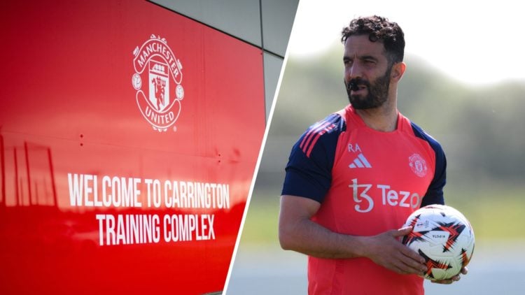 Split image of Manchester United training complex Carrington and head coach Ruben Amorim.
