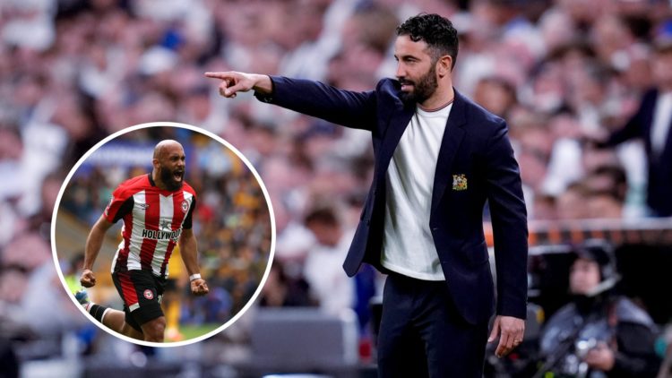 Manchester United head coach Ruben Amorim, inset of Bryan Mbeumo of Brentford.