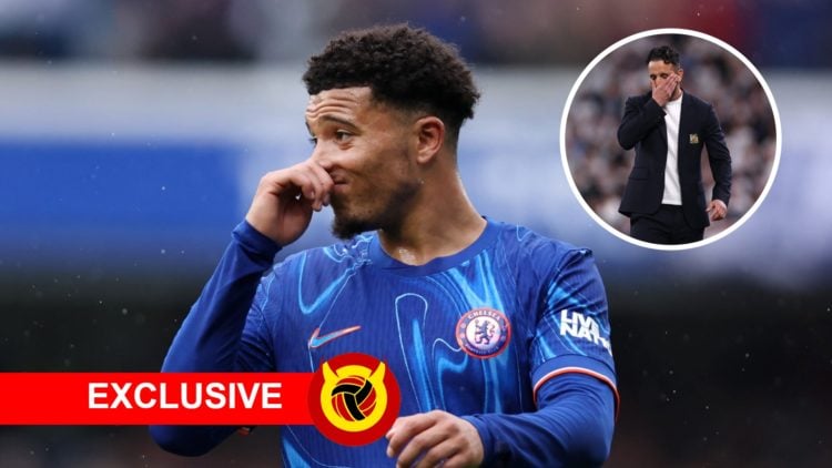 Manchester United's Jadon Sancho on loan at Chelsea, inset of Manchester United head coach Ruben Amorim.