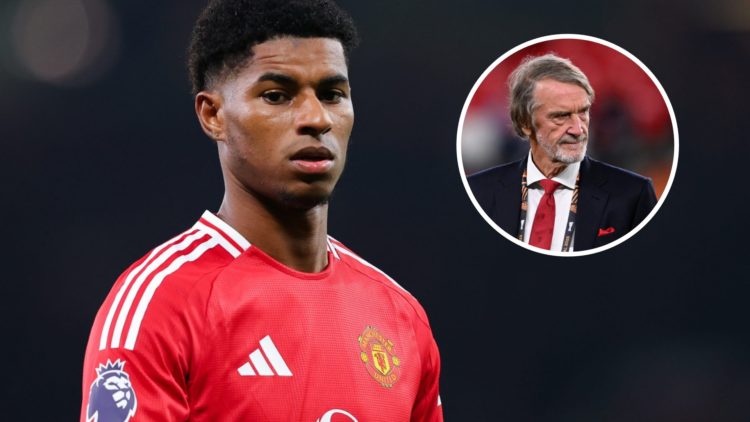 Manchester United forward Marcus Rashford, inset of co-owner Sir Jim Ratcliffe.