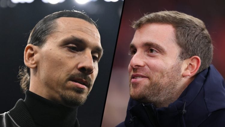 Split image. AC Milan director Zlatan Ibrahimovic looks at the ground while wearing turtleneck and Fabrizio Romano smiling while wearing coat.