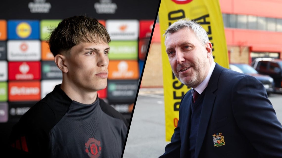 Split image. Alejandro Garnacho staring intensely during Manchester United press conference and Jason Wilcox arrives at Old Trafford.
