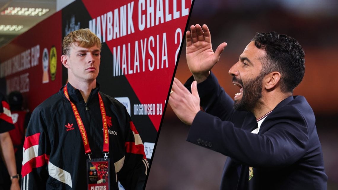 Split image. Toby Collyer arrives with Manchester United squad wearing windbreaker and Ruben Amorim shouting instructions during Europa League final.