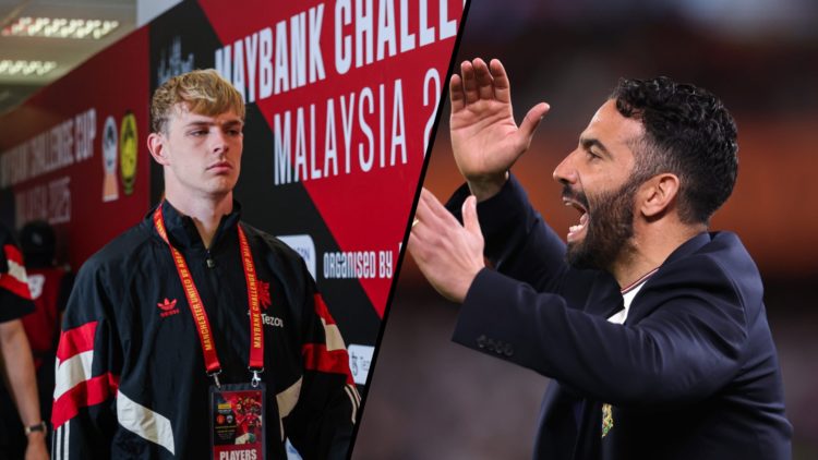 Split image. Toby Collyer arrives with Manchester United squad wearing windbreaker and Ruben Amorim shouting instructions during Europa League final.