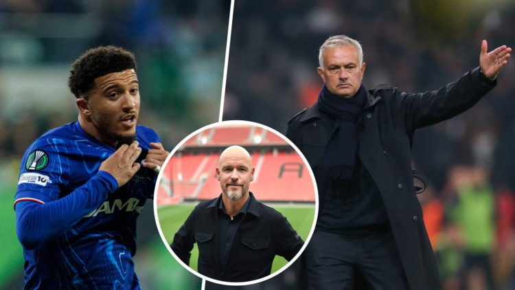 Jadon Sancho split image with Jose Mourinho and Erik ten Hag