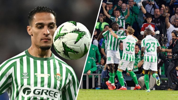 Split image. Antony with ball in front of his head for Real Betis and Betis players celebrate.