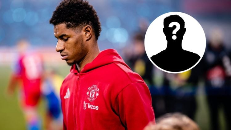 Manchester United forward Marcus Rashford walks out before kick-off, inset of mystery player.