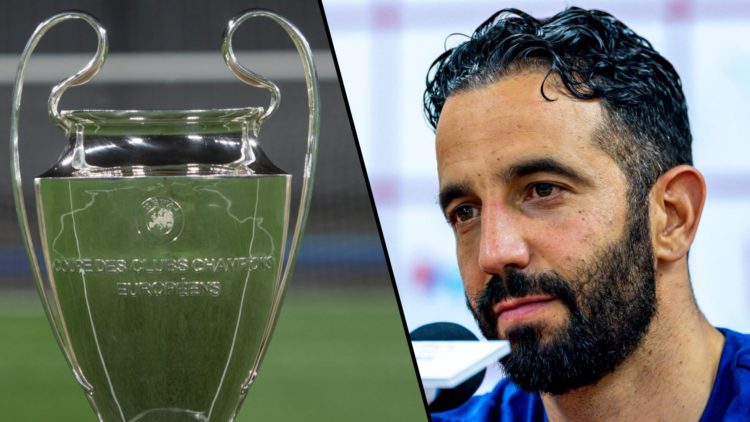 Manchester United manager Ruben Amorim speaking, inset a photo of the Champions League trophy from UEFA’s club competition.
