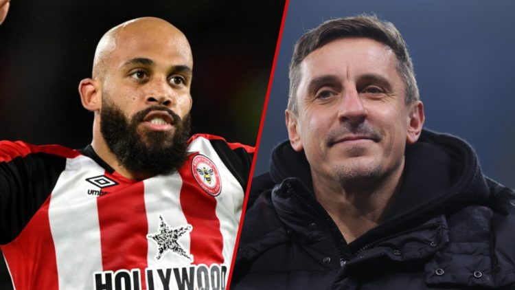 Split image showing Brentford winger Bryan Mbeumo and Manchester United legend Gary Neville