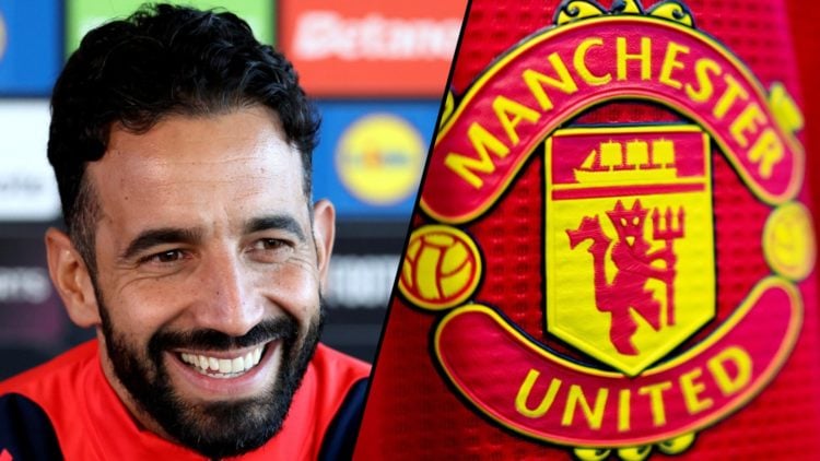 Ruben Amorim speaking at a Europa League 2024-25 press conference at Carrington, inset a photo of the Manchester United club crest.