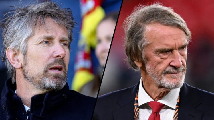 Ineos chief Sir Jim Ratcliffe at the 2025 Europa League final, inset a photo of Manchester United legend Edwin van der Sar.