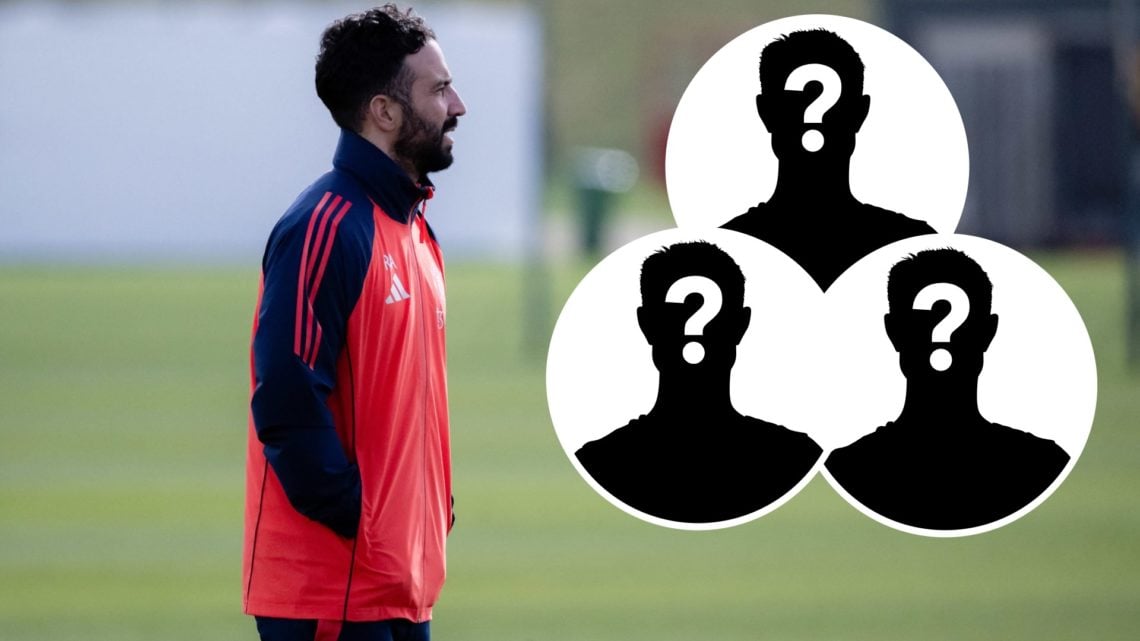 Ruben Amorim in Man Utd training, three mystery player silhouettes