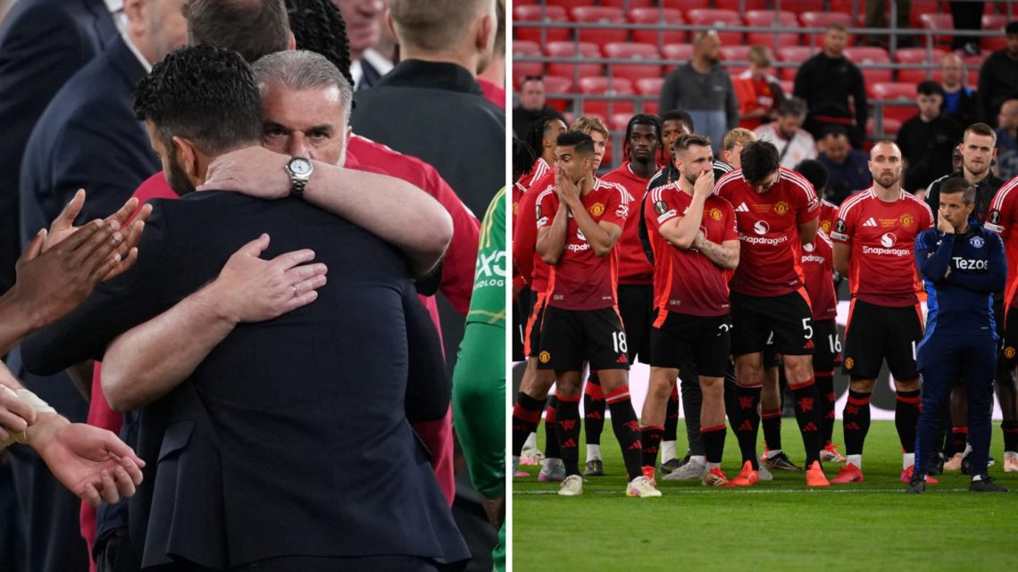 Manchester United head coach Ruben Amorim embraces Ange Postecoglou, United squad after the Europa League final.