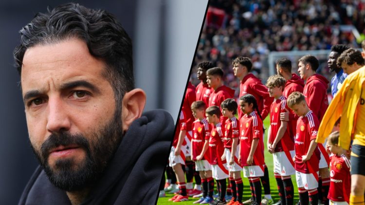 Ruben Amorim during the Premier League match against Newcastle in 2025, inset a photo of Manchester United players.
