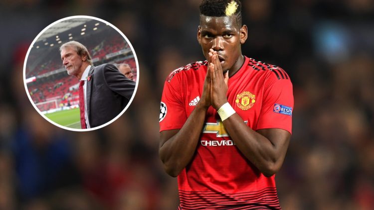 Paul Pogba in action for Manchester United in 2023, inset of current co-owner Sir Jim Ratcliffe.