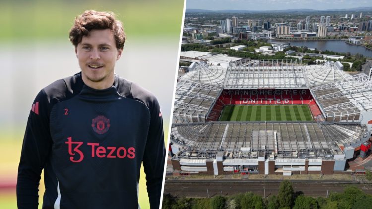 Victor Lindelof split image with Old Trafford