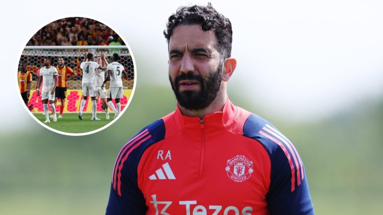 Manchester United head coach Ruben Amorim holds training, inset of Liam Delap celebrating for Chelsea.
