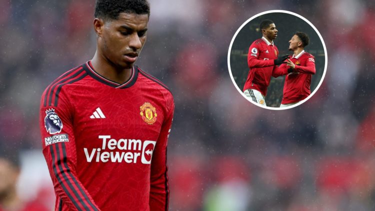 Manchester United forward Marcus Rashford, inset of celebrating with Jadon Sancho.