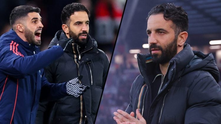 Ruben Amorim during the Europa League match against Lyon at Old Trafford, inset a photo of the Manchester United manager.
