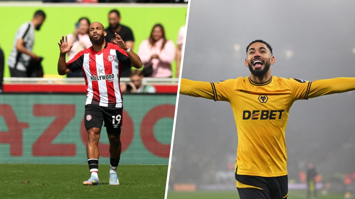 Bryan Mbeumo celebrates scoring for Brentford, Matheus Cunha celebrates for Wolves