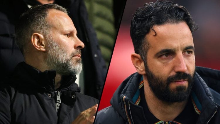 Manchester United legend Ryan Giggs during a football match, inset a photo of Manchester United manager Ruben Amorim