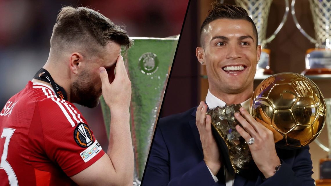 Man United defender Luke Shaw after the Europa League final, inset a photo of Cristiano Ronaldo with the Ballon d’Or award.