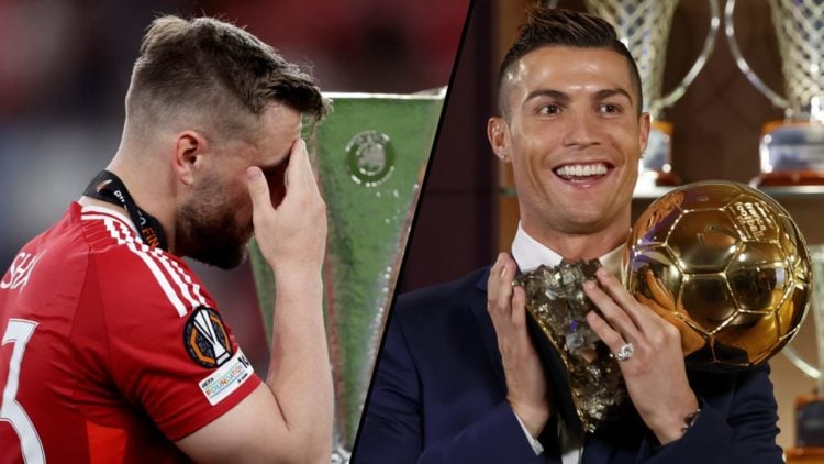 Man United defender Luke Shaw after the Europa League final, inset a photo of Cristiano Ronaldo with the Ballon d’Or award.
