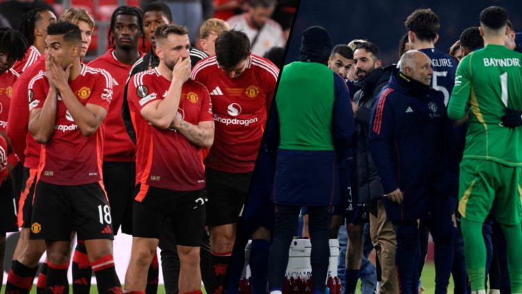 Ruben Amorim speaking with his Manchester United players, inset a photo from the 2025 Europa League final vs Tottenham.