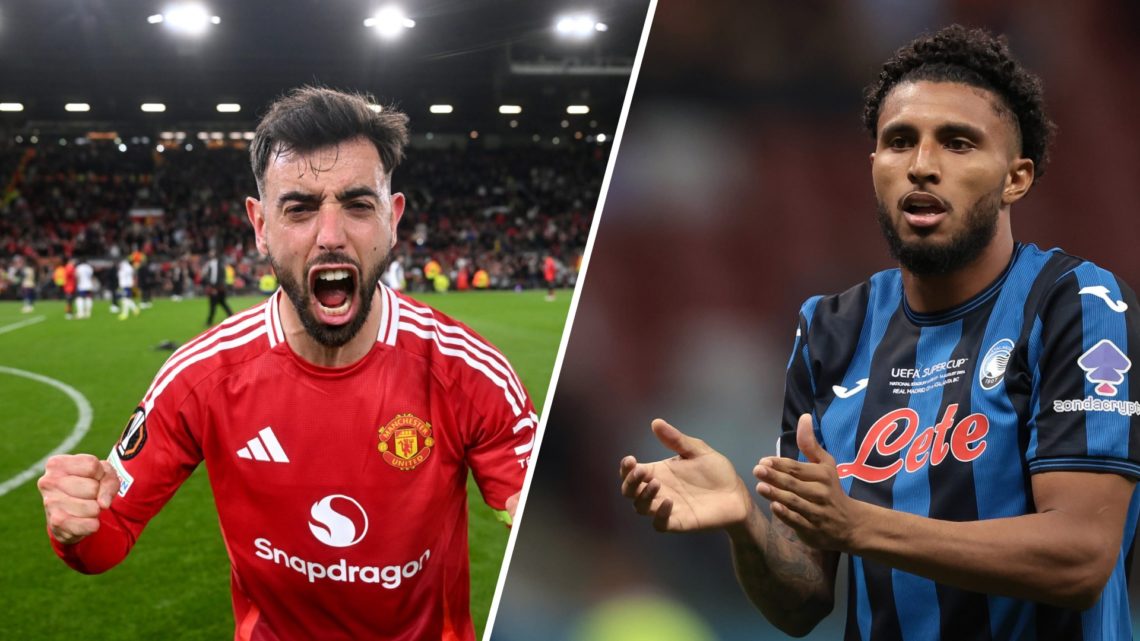 A split image of Manchester United captain Bruno Fernandes (L) and Atalanta midfielder Ederson (R)