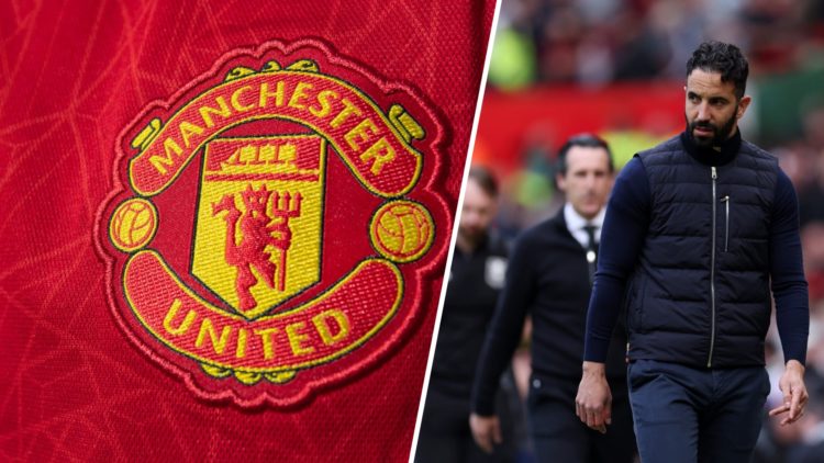 Ruben Amorim split image with new Manchester United shirt