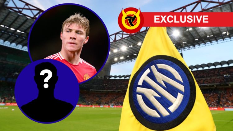 Inter crest at the San Siro. Inset, mystery image, and Rasmus Hojlund. Exclusive tag